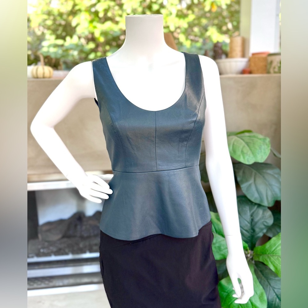 BCBG MAX AZRIA Cladiana Vegan Leather Green Peplum, Lined Top Size XS